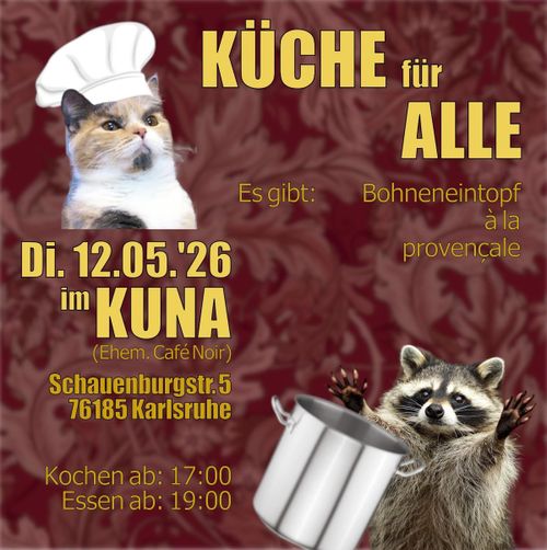Sharepic with a cooking cat and raccoon.