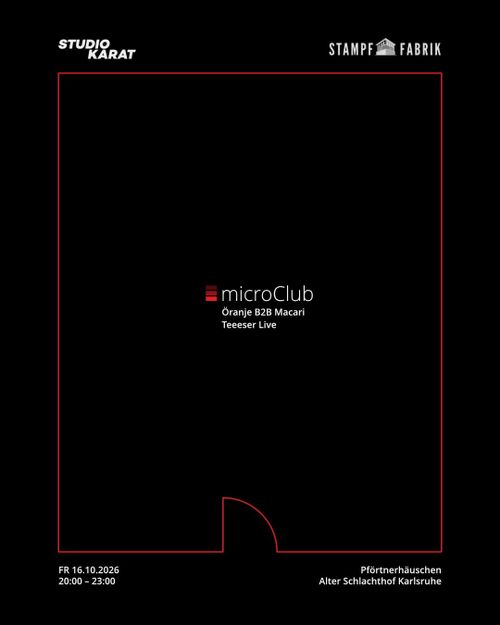 Poster of microClub, with a black background and a red planning of a room, with a door below 
