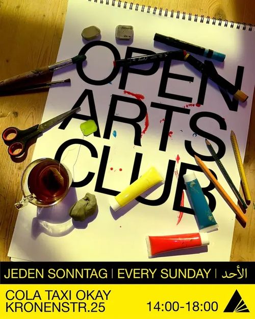 Poster with a photo from the top of a paper canvas with some pencils and artistic Material. In the paper one can read Open Arts Club